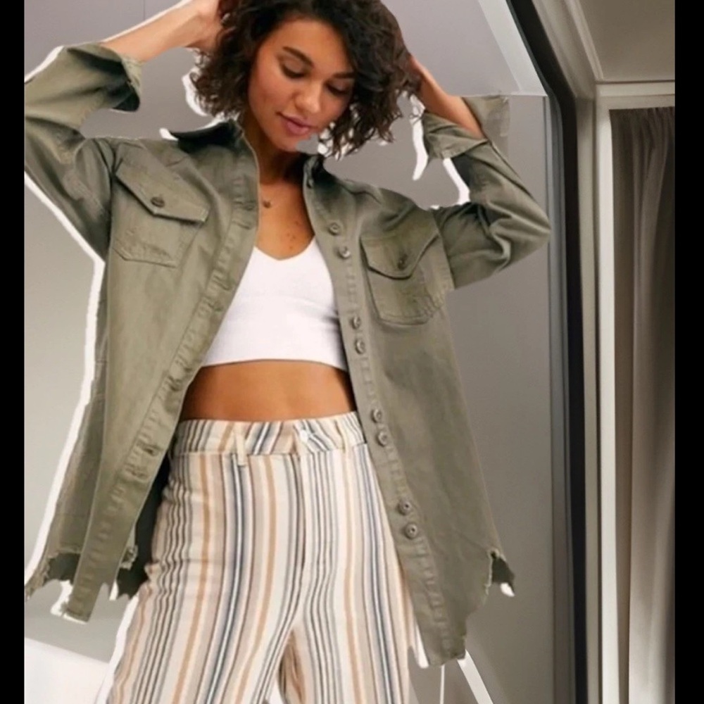 Free People MOONCHILD Distressed Denim Shirt Jacket  Army Green Baggy NWT